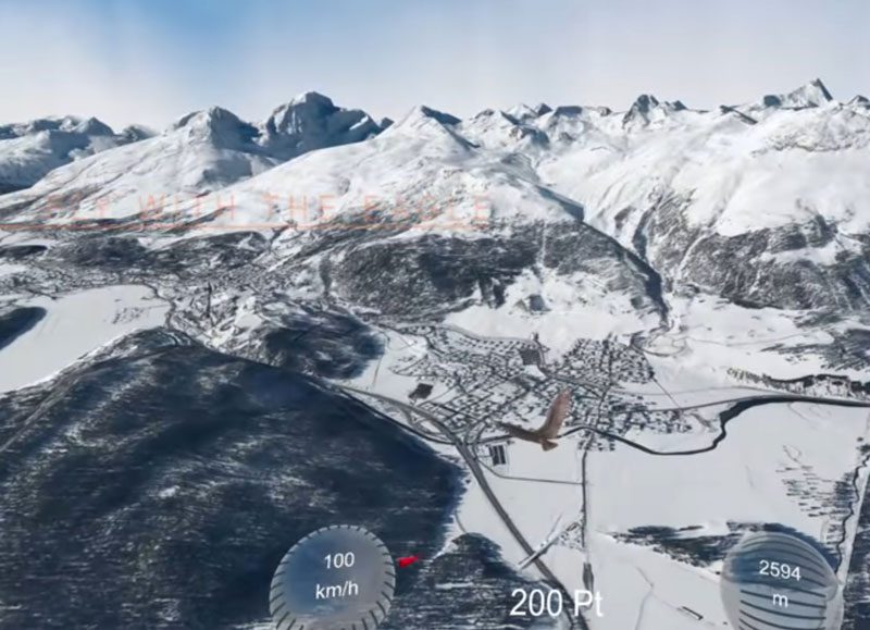VR-Ansicht: Flug über ein verschneites Bergpanorama im Icaros-Spiel